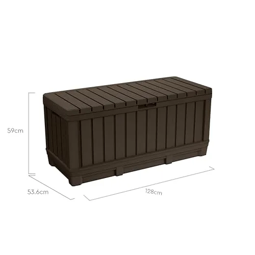 Keter ▫️ Kentwood – Baú de resina com aspeto de madeira, tampa com capacidade de carga de 250 kg e rodas incluídas, cor castanha 6