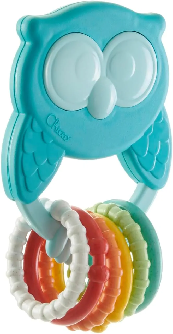 Chicco ▫️ Chocalho Coruja ECO+ Mordedor para bebés e crianças, 6 anéis coloridos, chocalho fabricado em Itália com plástico reciclado e bioplástico de origem vegetal, brinquedos para bebés dos 3 aos 18 meses