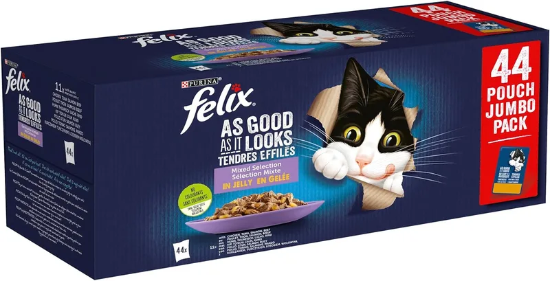 Felix ▫️ Fantastic, Ração húmida para gatos adultos, gelatina, sortido de carne de vaca, frango, salmão e atum, embalagem de 44 bolsas de 85g