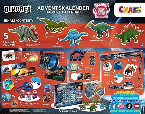CRAZE ▫️ Calendário do Advento com brinquedos, Calendário de dinossauros de brinquedo, Figuras de dinossauros para crianças com surpresas e presentes de Natal 2