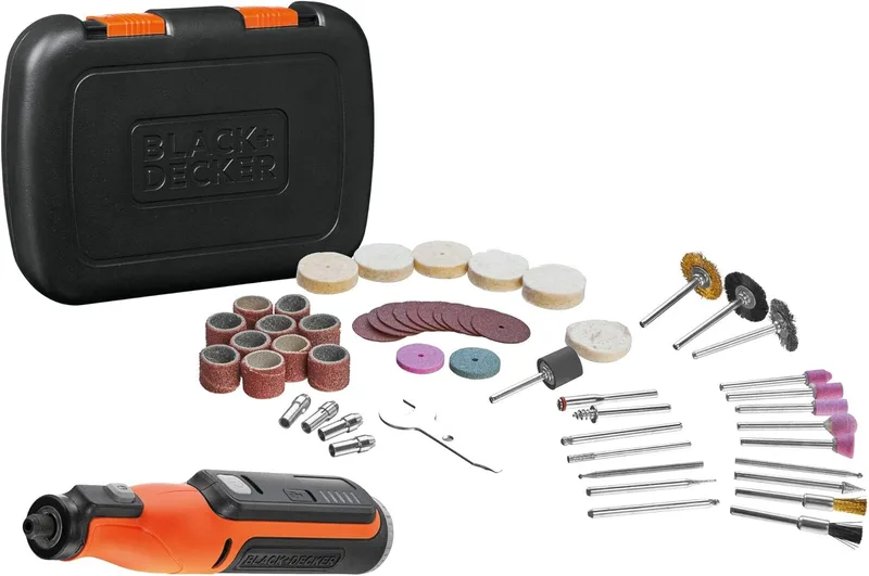 Black+Decker ▫️ Multiferramenta rotativa de 7,2 V, controlo de velocidade variável, bateria integrada de 1,5 Ah, inclui 53 acessórios e mala de transporte, BCRT8IK