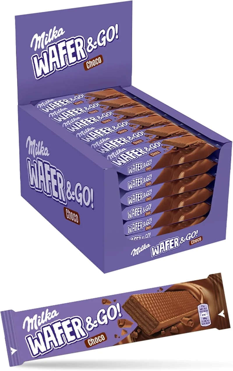 Milka ▫️ Wafer & Go Choco, Wafer & Go Choco, Barras de Wafer com cobertura de chocolate de leite e recheio de cacau - Embalagem de 35 unidades, 31g