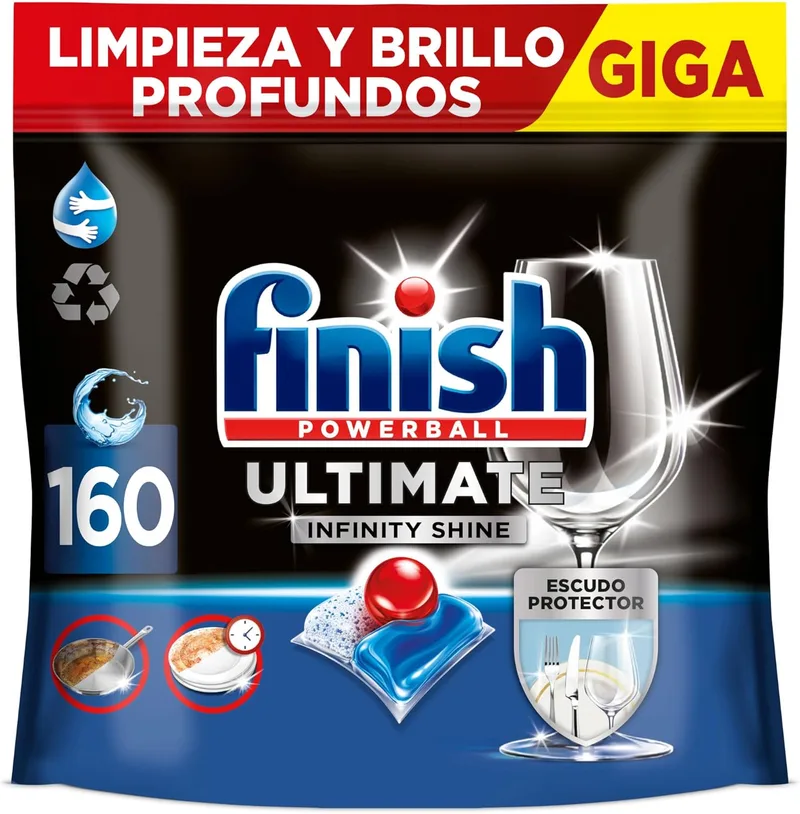 Finish ▫️ Powerball Ultimate Infinity Shine, pastilhas para a máquina de lavar louça com poder desengordurante e proteção para o vidro, 2 embalagens de 80, num total de 160 pastilhas