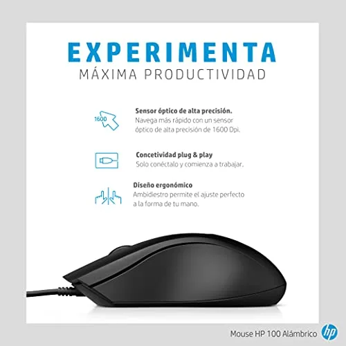 HP ▫️ 100 - Rato com fio (1600 PPP, 2 botões e roda de deslocamento, ligação por cabo USB, Windows), cor preta 3