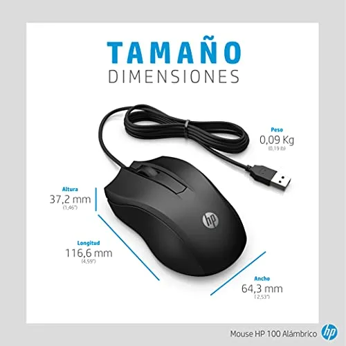 HP ▫️ 100 - Rato com fio (1600 PPP, 2 botões e roda de deslocamento, ligação por cabo USB, Windows), cor preta 5