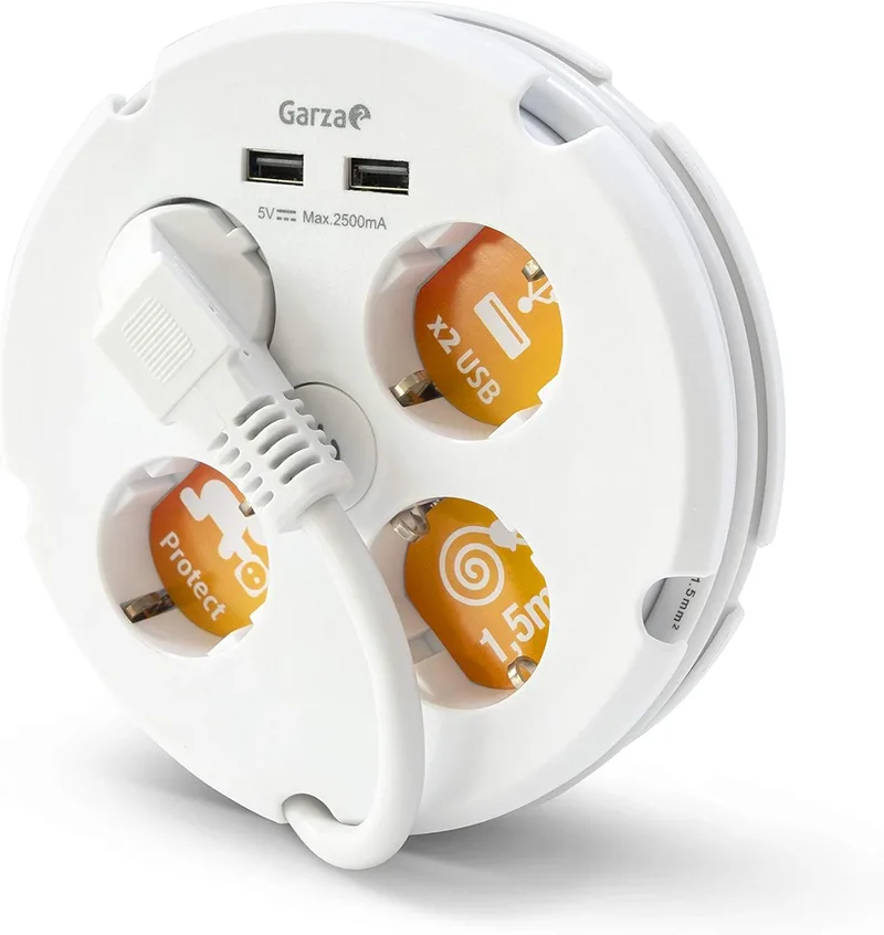 Garza ▫️ Power - Régua de tomadas circular com 4 tomadas + 2 USB : 1,5 metros Ladrão múltiplo : com interrutor e porta-cabos : Cabo H05W-F 3G : Cor branca