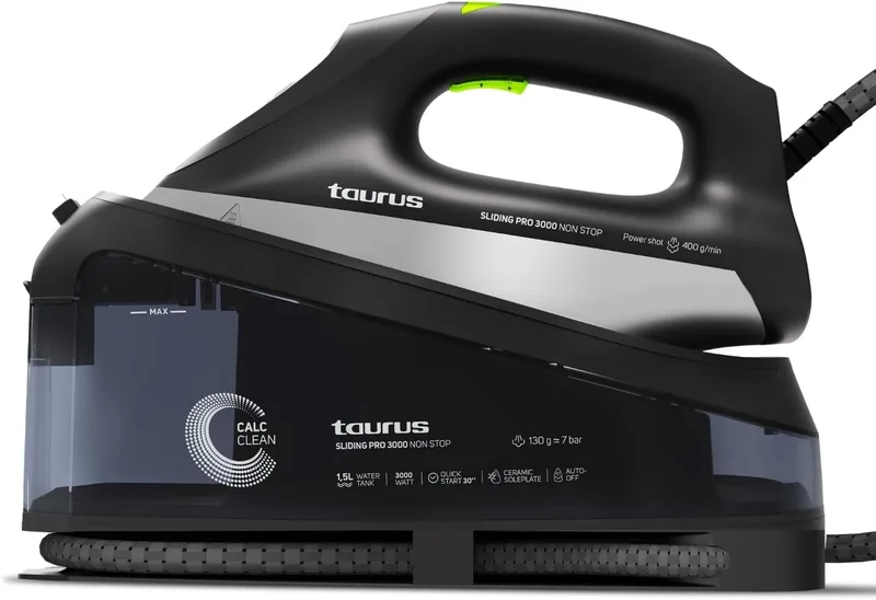 Taurus ▫️ Centro de engomagem Sliding Pro 3000 Non Stop | 3000W | 130 g/min Vapor | 400 g/min Curso de Vapor | Ferro Vertical | Base Cerâmica | ECO e MAX | Depósito 1,5L | Autolimpeza | Bloqueio | Preto