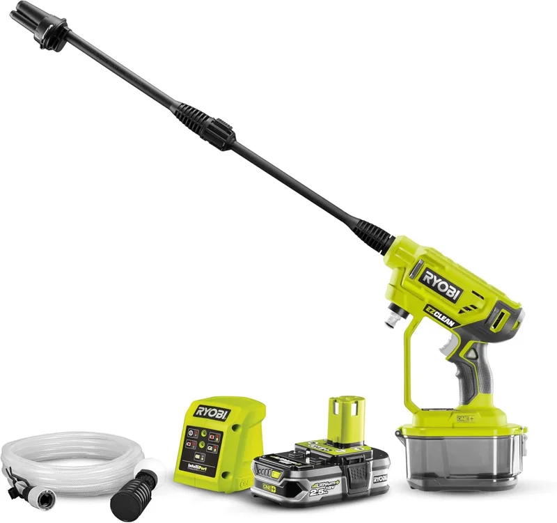 Ryobi ▫️ Pistola de pintura de alta pressão sem fios 18V ONE+, 22bar, 182L, bocal 3em1, limpa todas as superfícies, mangueira de 6m com filtro, 1 bateria 2,5Ah e 1 carregador 1,5A, RY18PW22A-125