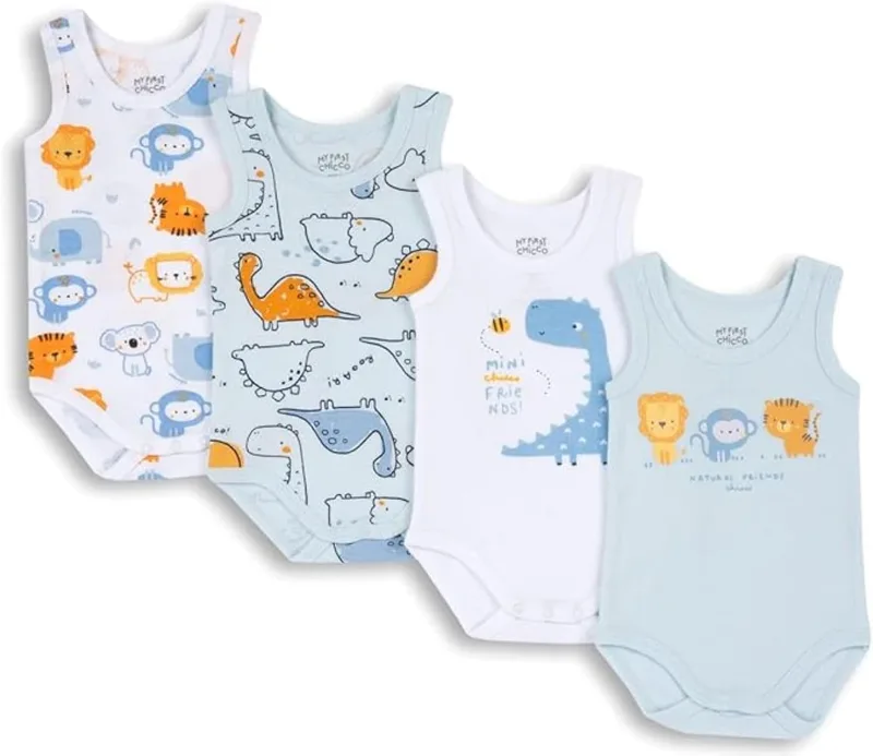 Chicco ▫️ Body para recém-nascidos, Conjunto de 4 bodies sem mangas em 100% algodão com abertura prática, Roupa para bebés meninos e meninas dos 0 aos 3 meses, Ideias para presentes de nascimento