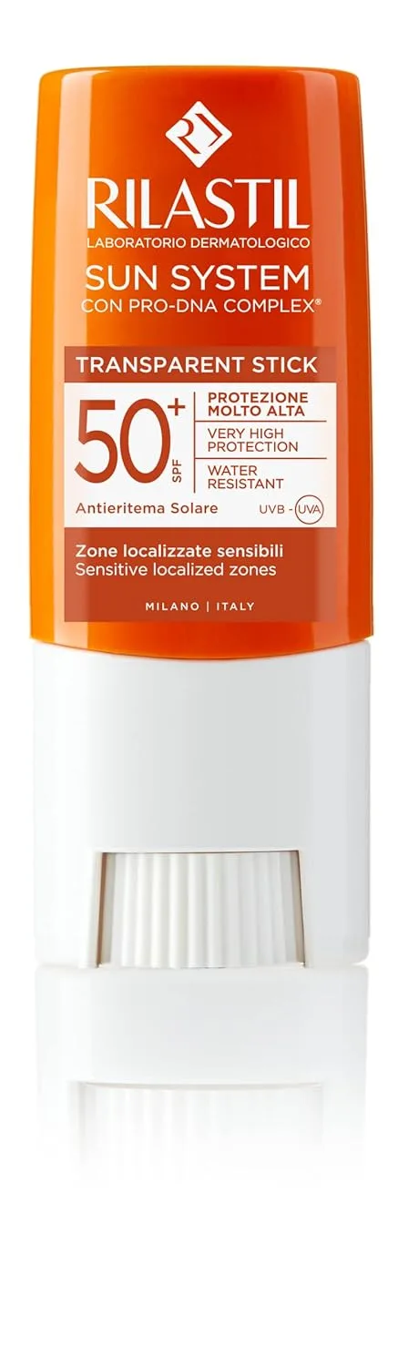 Rilastil - Sun System Stick SPF 50+, Alta Proteção Solar UVB UVA Zonas Sensíveis, com Complexo PRO-DNA, Transparente Resistente à Água - 8,5 g