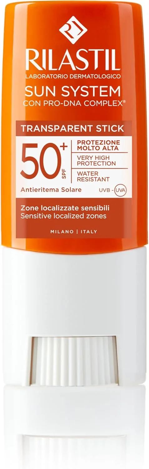 Rilastil ▫️ Sun System Stick FPS 50+, Proteção Solar Elevada contra os raios UVB e UVA para zonas sensíveis, com PRO-DNA Complex, transparente e resistente à água - 8,5 g