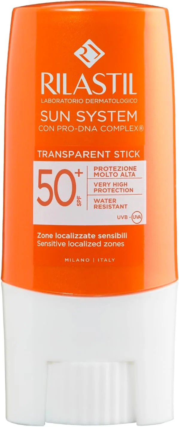 Rilastil ▫️ Sun System Stick FPS 50+, Proteção Solar Elevada contra UVB e UVA para Zonas Sensíveis, com PRO-DNA Complex, Transparente e Resistente à Água - 8,5 g