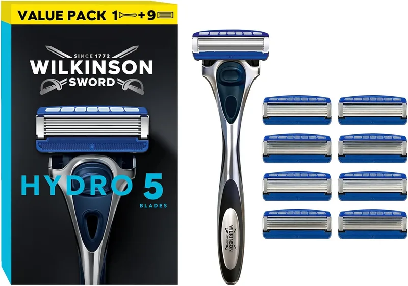Wilkinson Sword ▫️ Hydro 5 Skin Protection Regular - Navalha de 5 lâminas com 9 recargas com fita lubrificante enriquecida com vitamina B5 Pro, compatível com todas as navalhas Hydro