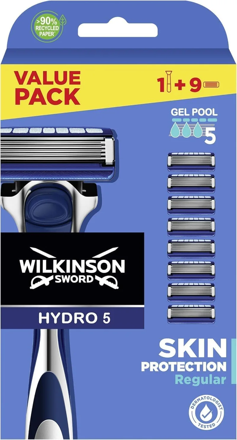 Wilkinson Sword ▫️ Hydro 5 Skin Protection Regular - Máquina de barbear de 5 lâminas com 9 recargas e faixa lubrificante enriquecida com provitamina B5, compatível com qualquer máquina Hydro