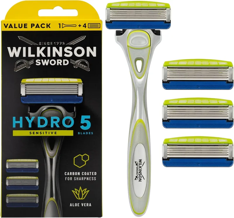 Wilkinson Sword ▫️ Hydro 5 Skin Protection Sensitive - 5 Blade Safety Razor com 4 x 5 Blade Vitamin E Enriched Razor Blade Refills,