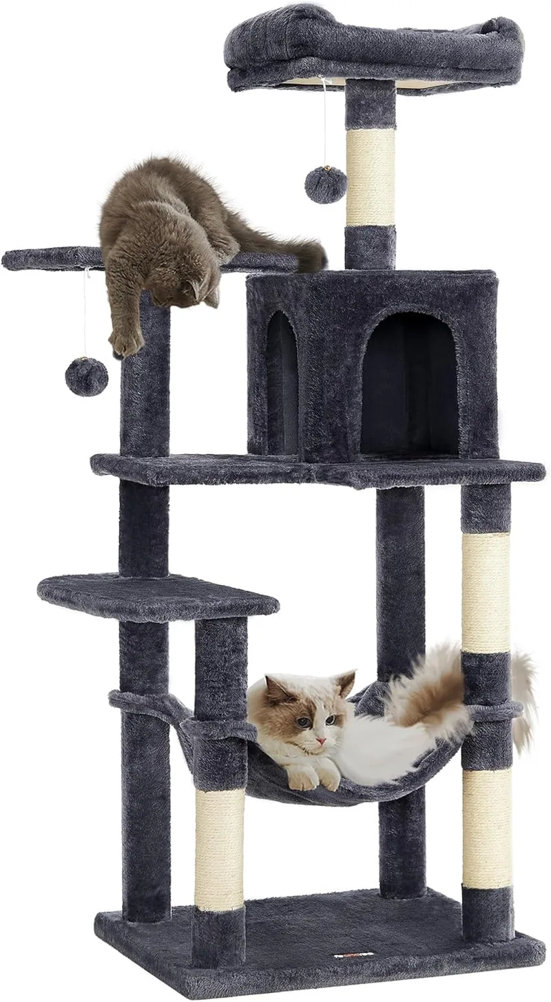 Feandrea ▫️ Árvore para gatos, altura 143 cm, torre para gatos, com 4 postes para arranhar, 2 plataformas, 1 gruta, 1 rede, 2 pompons, velo, multinível, cinzento fumado PCT161G01