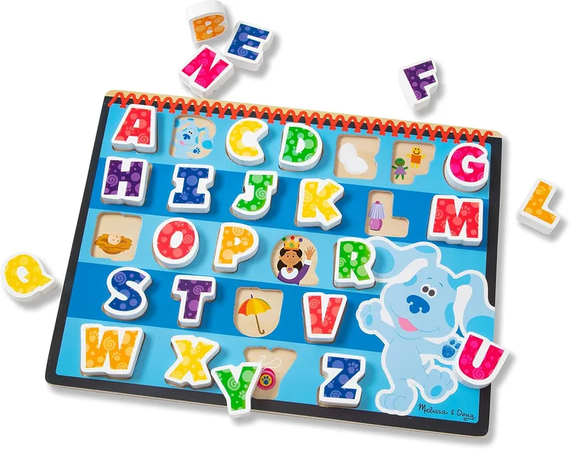 Melissa & Doug ▫️ Blue's Clues & You! Quebra-cabeças de peças grossas de madeira - O Alfabeto (26 peças), Blue's Clues, brinquedos de desenvolvimento em madeira, Montessori, presente para meninos e meninas a partir dos 2 anos,