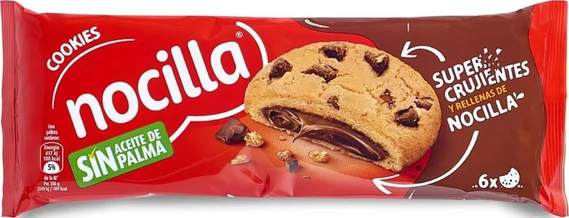 Nocilla ▫️ Cookies, Original, Bolachas com pedaços de chocolate recheadas com creme de cacau e avelãs - Embalagem de 6 unidades - 120 g