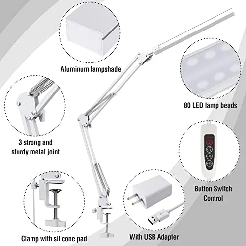 SKYLEO ▫️ Candeeiro de secretária LED - Candeeiro de secretária LED potente com pinça - Proteção ocular - Candeeiro de secretária LED - 3 modos de iluminação × 10 níveis de luminosidade - Branco 4