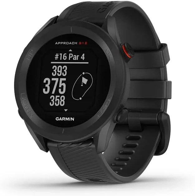 Garmin ▫️ Approach S12, Relógio de golfe, Campos de golfe de todo o mundo pré-instalados, Bluetooth e resistente à água, Preto