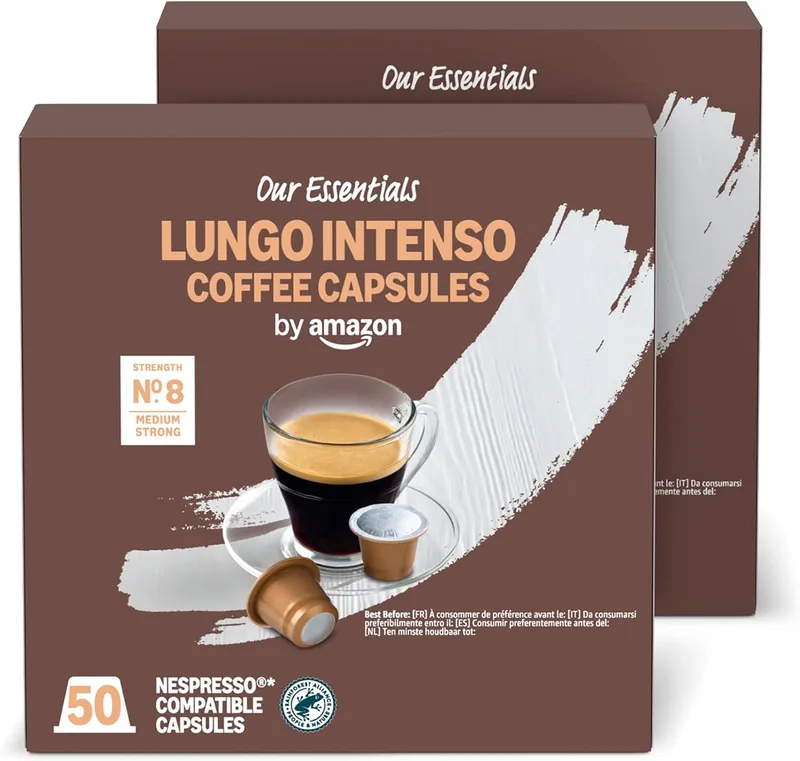 by Amazon ▫️ da Amazon: Cápsulas de café «Lungo Intenso» em plástico, compatíveis com Nespresso, torra média, 100 unidades (2 embalagens de 50), certificadas pela Rainforest Alliance