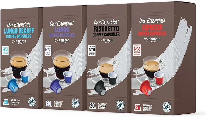 by Amazon ▫️ da Amazon: Pacote Misto Padrão de Cápsulas de Café Expresso em Plástico Compatíveis com Nespresso, Torra Média, 80 unidades (4 embalagens de 20), Certificadas pela Rainforest Alliance