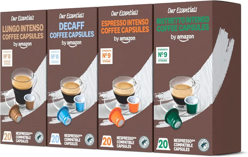 by Amazon ▫️ da Amazon: Cápsulas de café de plástico Nespresso, embalagem variada, torra escura, 50% Arábica, 50% Robusta, 80 unidades (4 embalagens de 20), certificadas pela Rainforest Alliance