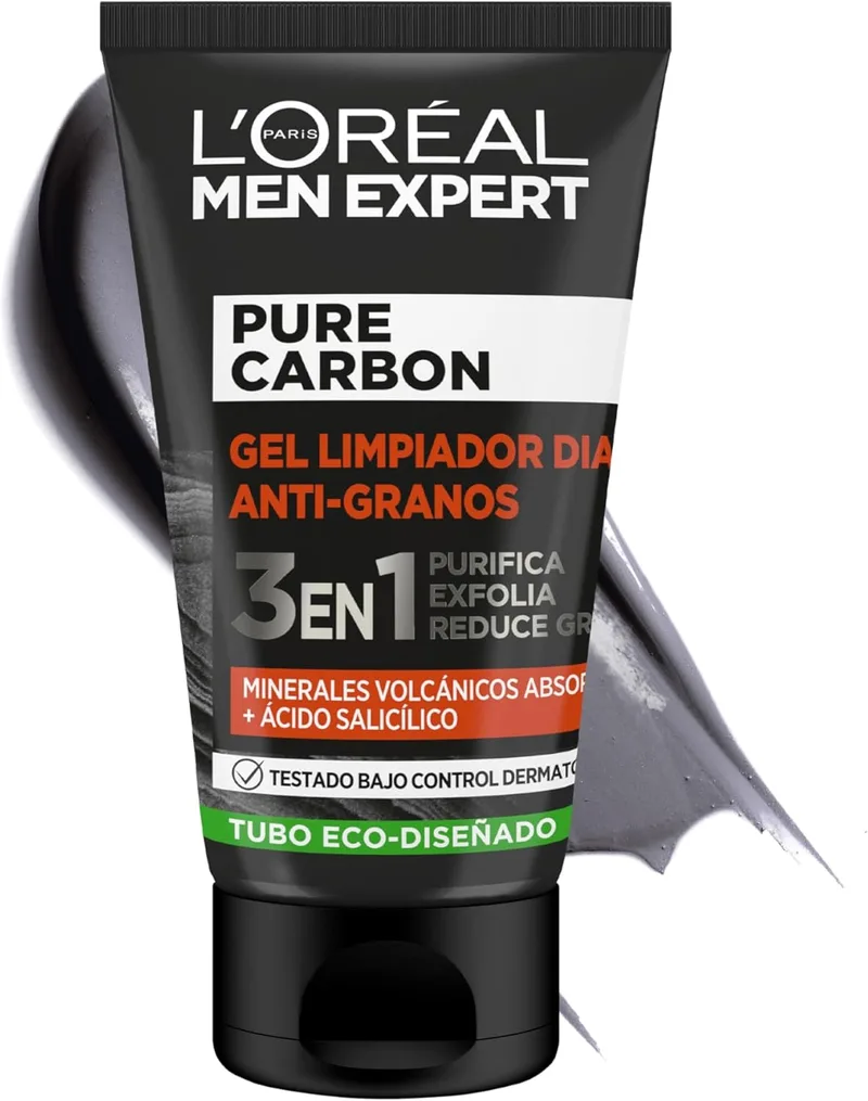 L'Oreal Paris ▫️ L'Oréal Paris Men Expert Pure Carbon Gel Anti-espinhas 3 em 1, Purifica, Esfolia e Reduz as Espinhas, Com Minerais Vulcânicos e Ácido Salicílico, 100 ml