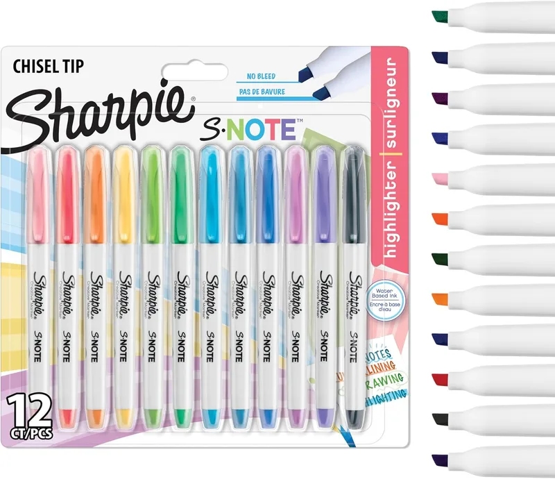 Sharpie ▫️ Marcadores S-Note em tons pastel, marcadores para sublinhar, escrever, desenhar e muito mais, ponta biselada, cores pastel sortidas, 12 marcadores, material escolar ideal
