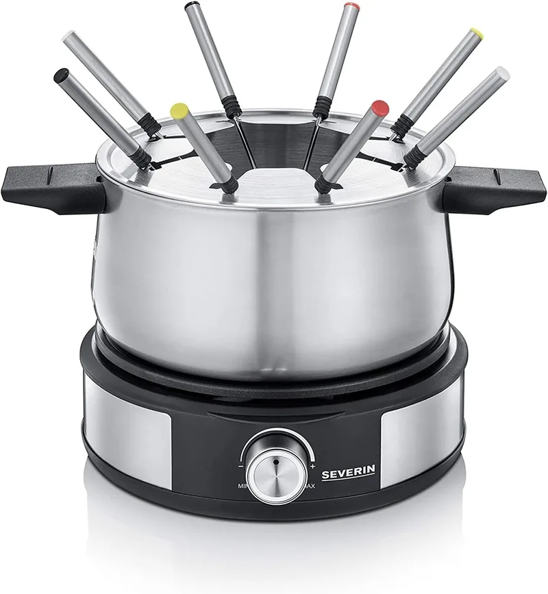 Severin ▫️ Combinado de fondue e crepeira 1500 W. Panela removível em aço inoxidável com marcação de nível mínimo/máximo. Aço inoxidável/preto. FO 2471