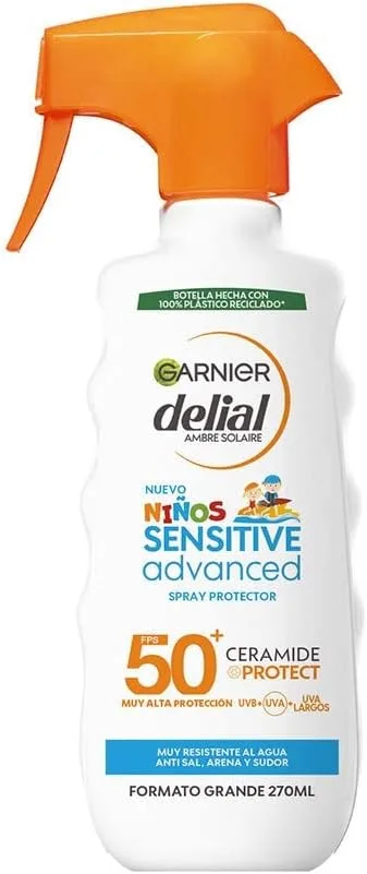 Garnier ▫️ Delial Delial Kids Sensitive Advanced Spray Protetor solar em spray para crianças. Proteção elevada SPF 50+. Resistente à água, à areia, ao sal e ao cloro. Testado sob controlo pediátrico, 270 ml
