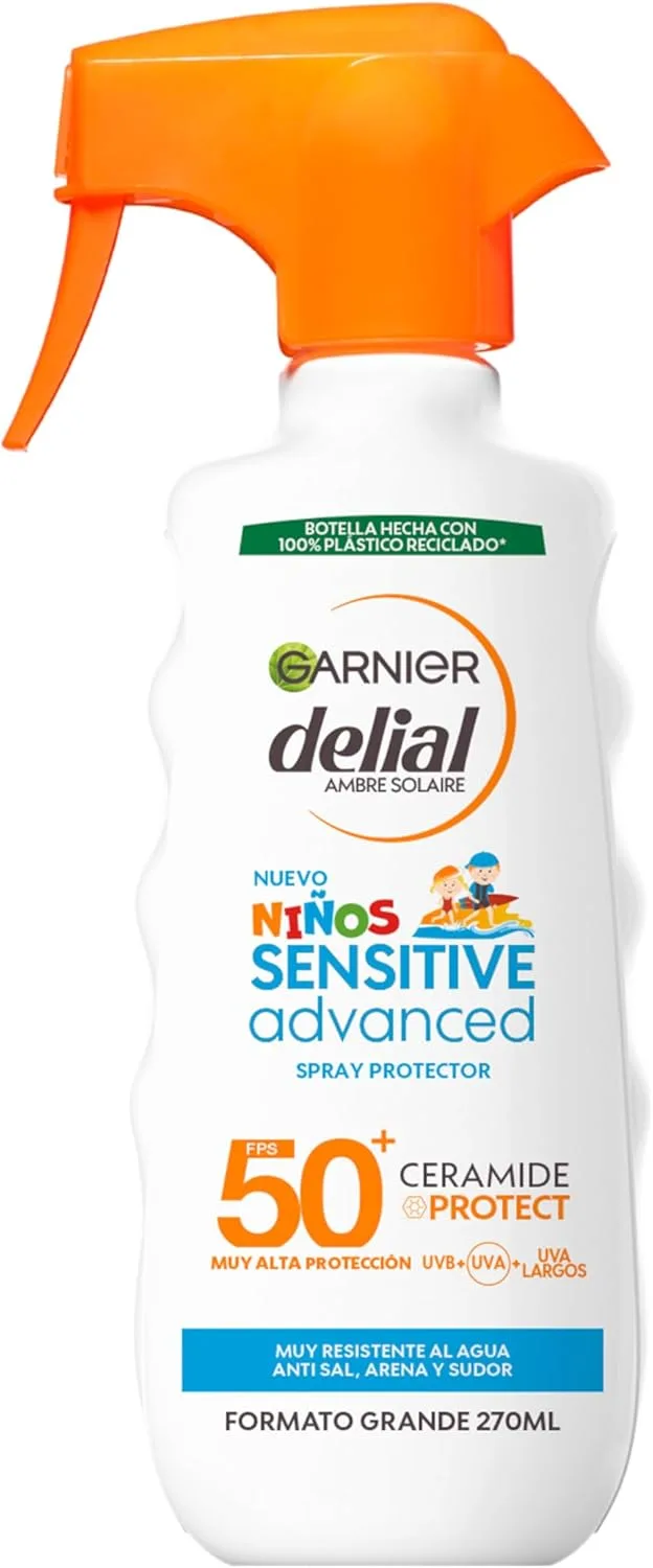 Garnier ▫️ Delial Sensitive Advanced Kids Spray Protetor FPS 50+, Resistente à Água, Areia, Sal e Cloro, Para Peles Claras e Sensíveis, Testado Sob Controlo Pediátrico, 270 ml