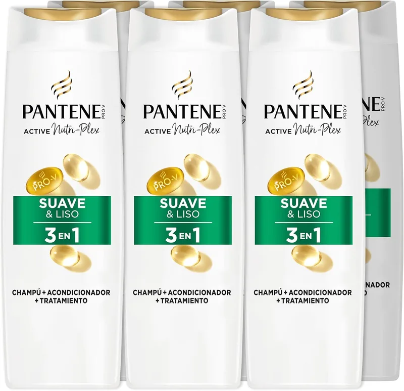 Pantene ▫️ Champô + Condicionador + Tratamento 3 em 1 Liso e Sedoso Nutri Pro-V para cabelos frisados e rebeldes, 6x300 ML