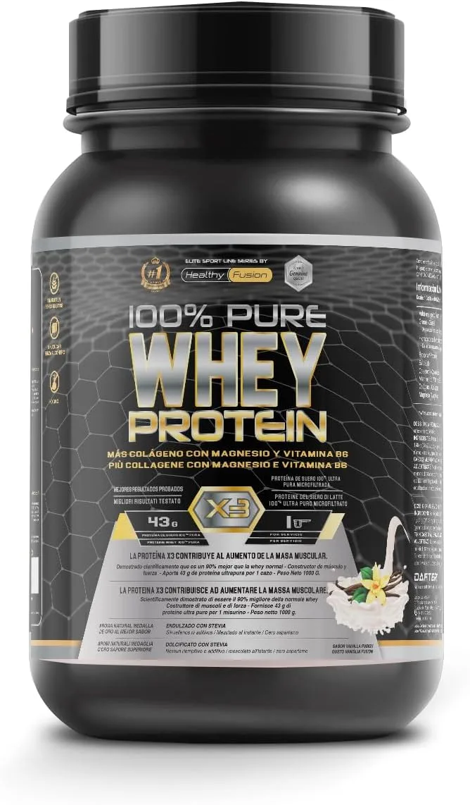 Healthy FUSION ▫️ Whey Protein | Proteína pura com colagénio, magnésio e vitamina B6 | 43 g de proteína + 9 g de BCAA | Melhora os teus treinos, aumenta a massa muscular e fortalece as articulações | 1 kg