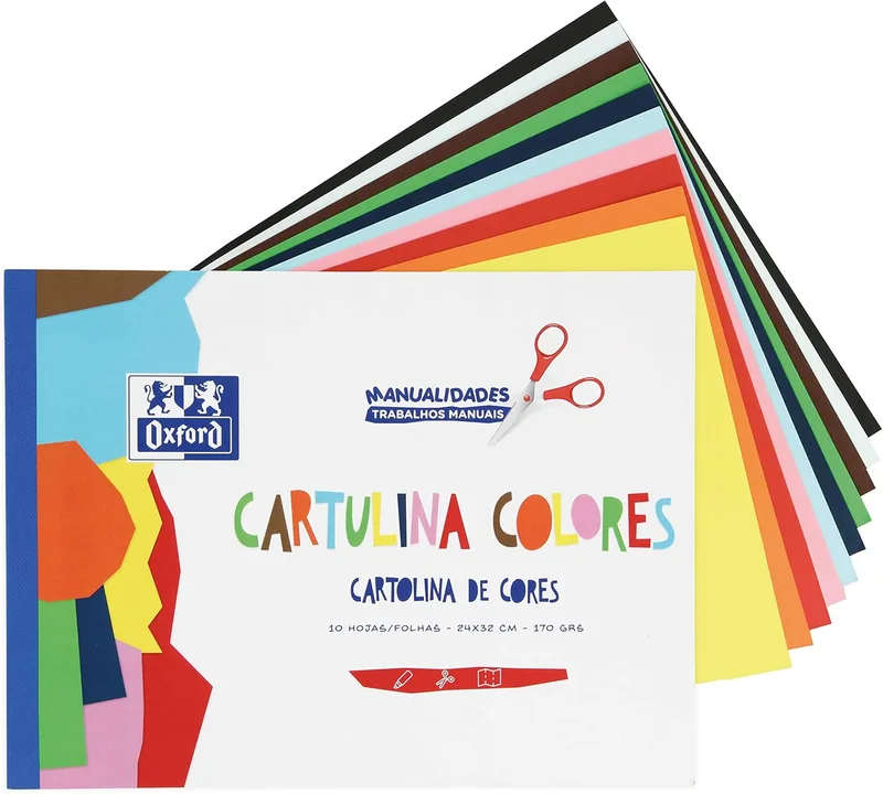 Oxford ▫️ Bloco de cartolinas coloridas com 10 folhas em 10 cores sortidas, coladas. Cartolina de 170 gr.