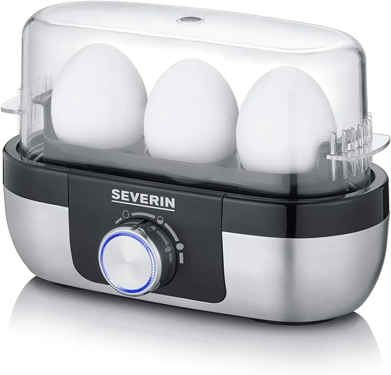 Severin ▫️ Panela para ovos com controlo do tempo de cozedura, 270 W, capacidade até 3 ovos, aço inoxidável escovado/preto EK 3163