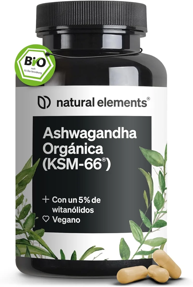 natural elements ▫️ Organic Ashwagandha KSM-66® - 600 mg de extrato orgânico de raiz de ashwagandha - Indian Dream Root - 180 cápsulas - Testado em laboratório, vegan e sem aditivos