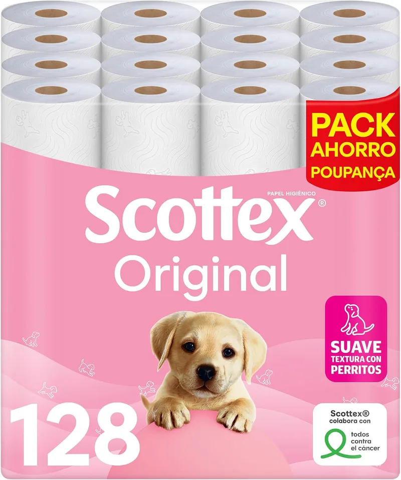 Scottex ▫️ Papel higiénico Original, 128 rolos, 4 embalagens de 32 rolos de duas camadas que proporcionam o equilíbrio ideal entre suavidade e resistência