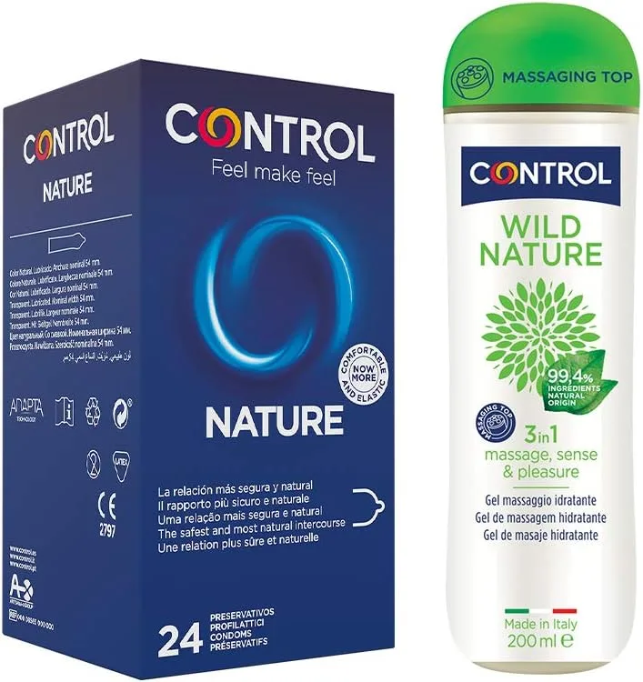 CONTROL ▫️ Natural, Conjunto de preservativos Nature e Gel de Massagem Wild 3 em 1, 99,4% de ingredientes naturais - 24 preservativos