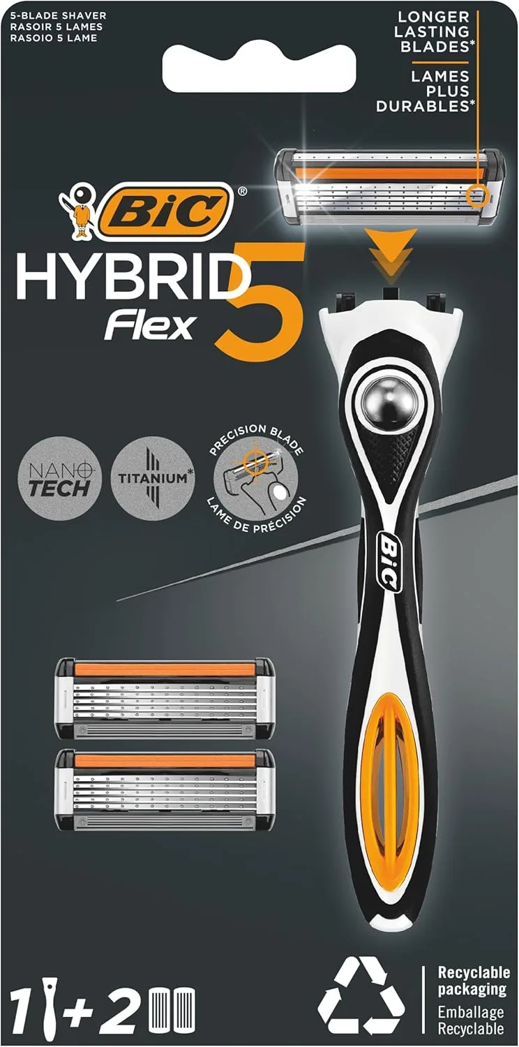 BIC ▫️ Lâmina recarregável Hybrid 5 Flex para homem, cabo e recargas de 5 lâminas em titânio com tecnologia nano - Caixa com 1+2