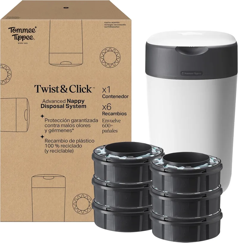 Tommee Tippee ▫️ Twist and Click Advanced Nappy Container, novo sistema ecológico, inclui 6 recargas com película GREENFILM, branco