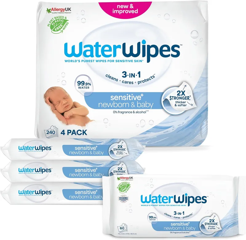 WaterWipes ▫️ Sensitive+ Toalhitas para recém-nascidos e bebés, 240 unidades (embalagem de 4), 3 em 1: Limpa, Cuida, Protege, 99,9% de água, sem perfume