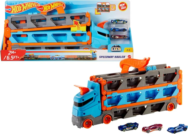 Hot Wheels ▫️ City - Camião de autoestrada, pista de carros de brincar de 2 metros com lançador, inclui 3 veículos (Mattel HGH33)