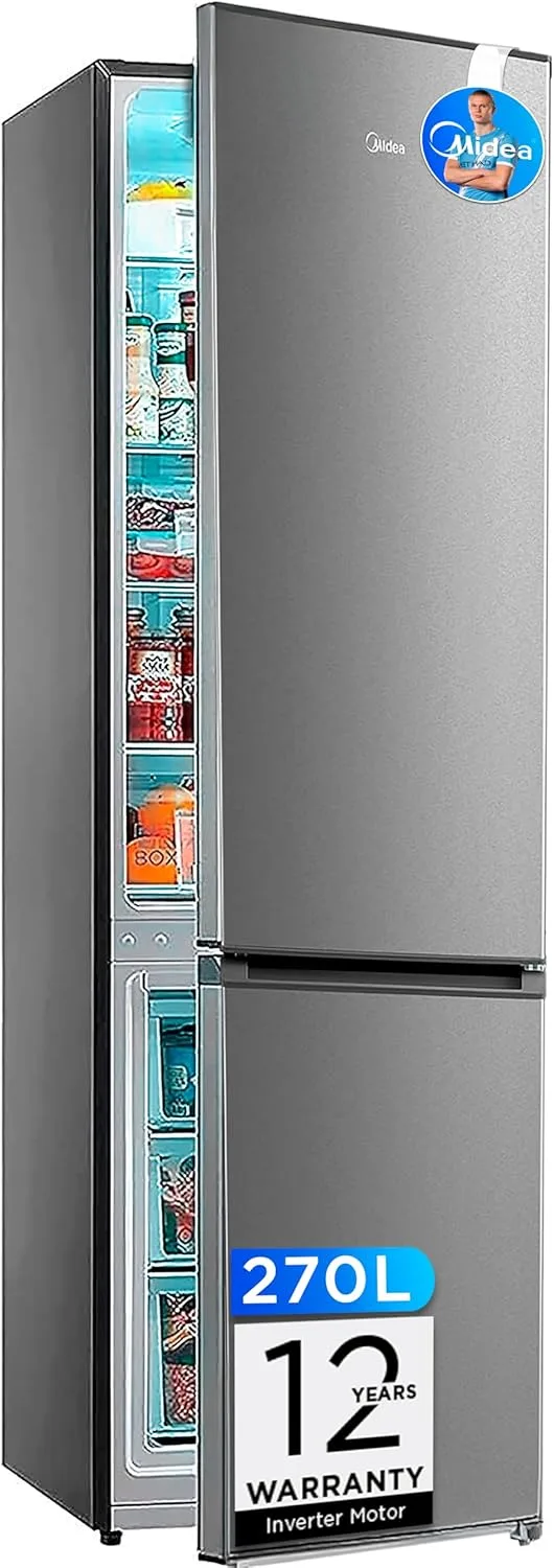 Midea ▫️ No Frost Combi Fridge Freezer - 55 cm de largura x 180 cm - Aço inoxidável - 270L de capacidade - Frigorífico independente com congelador vertical - Frigorífico economizador de energia com sistema Multi Air Flow