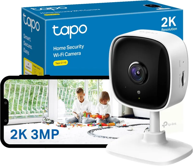 Tapo ▫️ TP-Link 2K Câmara de segurança interior, monitor para bebés, câmara para cães/deteção de movimento, áudio bidirecional, 3 MP, visão nocturna, armazenamento na nuvem e em cartão SD, funciona com Alexa e Google Home, não necessita de hub (C110)