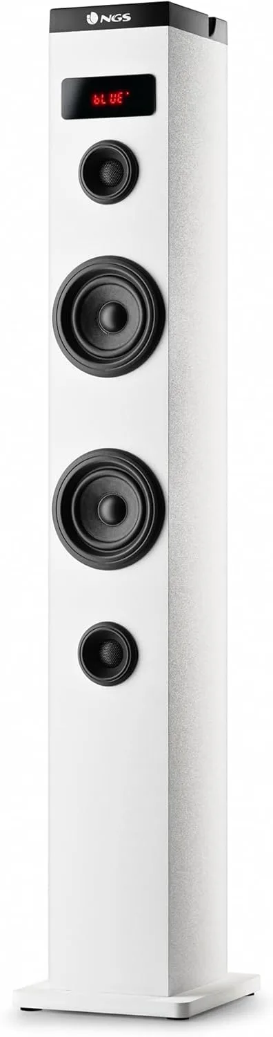 NGS ▫️ SKY CHARM WHITE- Torre de som Bluetooth de 50 W com controlo remoto, entrada ótica, USB, rádio FM e AUX IN (branco)