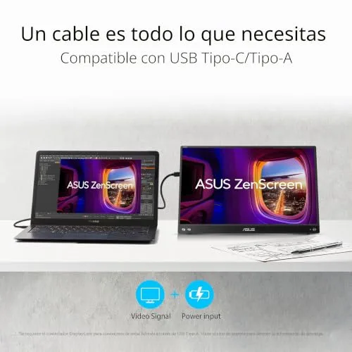 ASUS ▫️ ZenScreen MB16ACV - Monitor portátil USB, 15,6", Full HD (IPS, conectividade híbrida, USB Tipo C, antirreflexo, luz azul de baixa intensidade, tratamento antibacteriano), 250 cd/m², preto 2