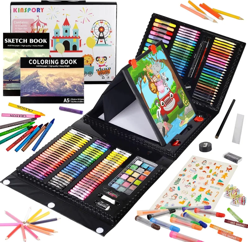 KINSPORY ▫️ 100 peças - Maleta de Pinturas para Crianças, Conjuntos de Desenho, Pinturas para Crianças, Lápis de Desenho, Cavalete de Pintura
