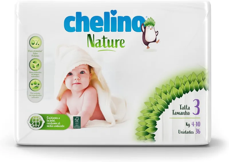 Chelino ▫️ Fralda para bebé Nature Tamanho 3 (4-10 kg), 216 fraldas