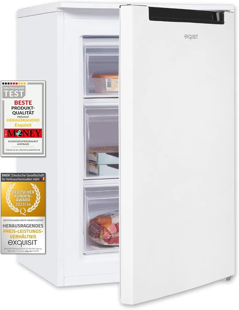 Exquisit ▫️ Congelador vertical 87 L, 4 estrelas, classe D, cor branca, 3 gavetas, descongelação manual, termóstato regulável, porta reversível, 40 dB, consumo de 132 kWh/ano, 85,5 x 54,5 x 58 cm